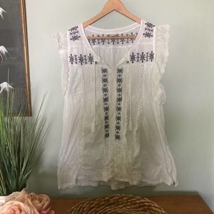 LUCKY BRAND White Bohemian Peasant Short Flutter Sleeve Embroidered Top | 2X